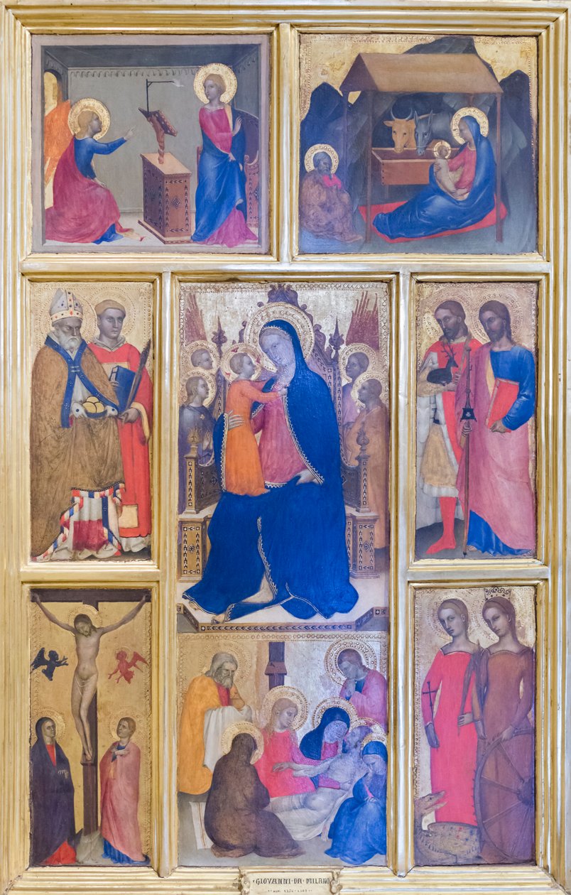 Jomfru Maria og barn med helgener og scener fra Kristi liv av Giovanni da Milano