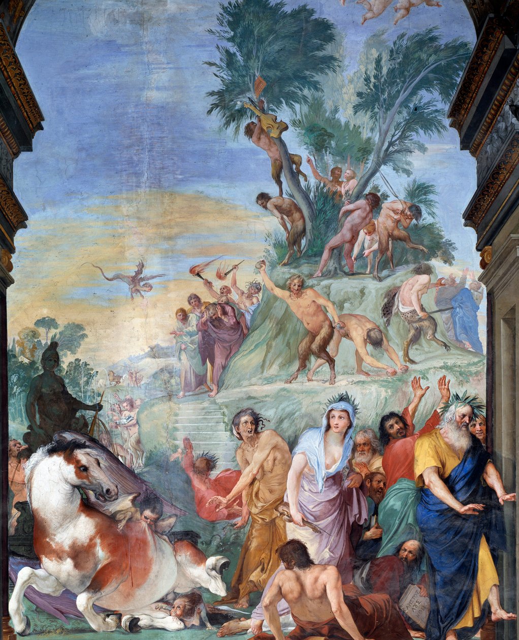 Musene og dikterne jakter på Parnassus (muser og poeter utvist fra Parnassus) Fresco-detalj av Giovanni da San Giovanni (1592-1636) 1634-1642 Museo degli argenti, Palazzo Pitti, Firenze av Giovanni da San Giovanni