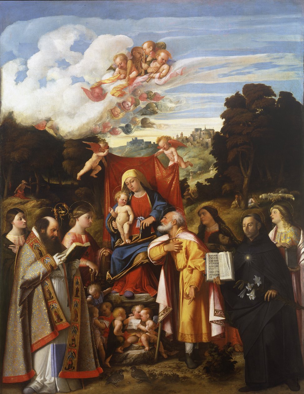 Madonna Enthroned with Angels, St. Apollonia, St. Augustine, St. Catherine, St. Joseph, St. Grata, St. Philip Benizzi og St. Barbara (St. Gotthard altertavle) av Giovanni de Busi Cariani