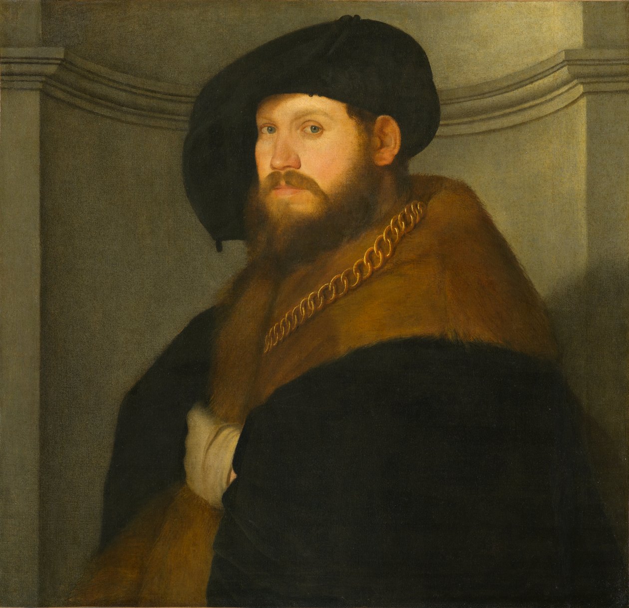 Portrett av en gentleman som bærer en gullkjede, ca 1525-1530 (olje på lerret) av Giovanni de Busi Cariani