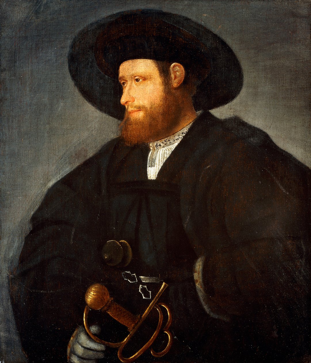 Portrett av en gentleman, halvlang, iført et svart kostyme og en svart hatt, av Giovanni de Busi Cariani