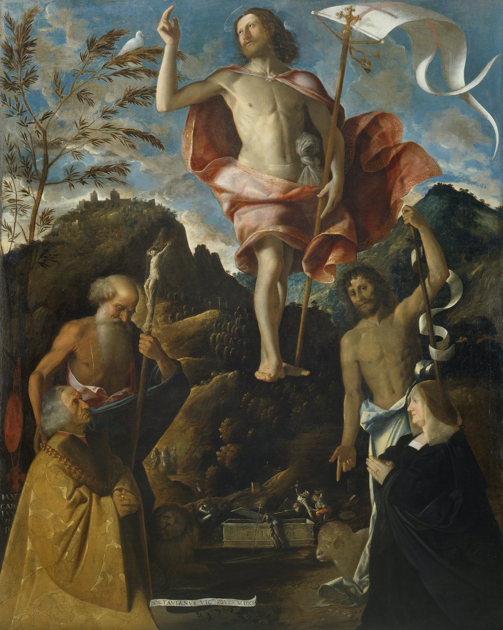 Kristi oppstandelse, St. Hieronymus, St. Johannes døperen og giverne Ottaviano og Domitilla Vimercati ved bønn av Giovanni de Busi Cariani