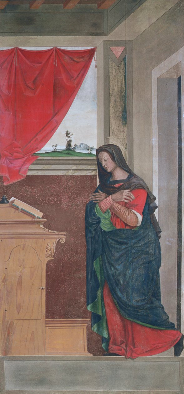 Virgin Annunciate , kunngjøringspanel som opprinnelig dannet en av utvendige skodder på orgelet i San Bartolomeo, Vicenza (tempera på lerret) (se 183650) av Giovanni de
