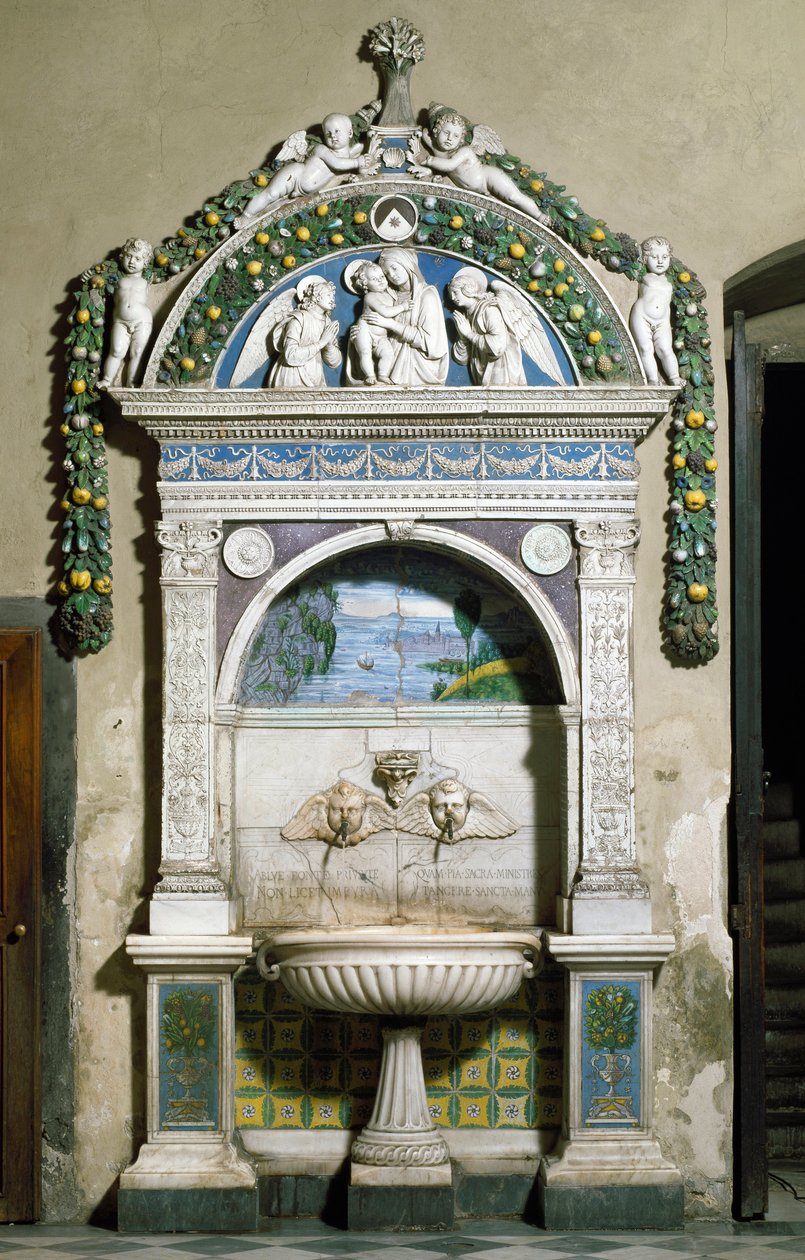 Decoree-fontene med høyt relieff i marmor og terrakotta av Giovanni della Robbia (1469-1529) 1498. Santa Maria Novella sakristi, Firenze av Giovanni della Robbia