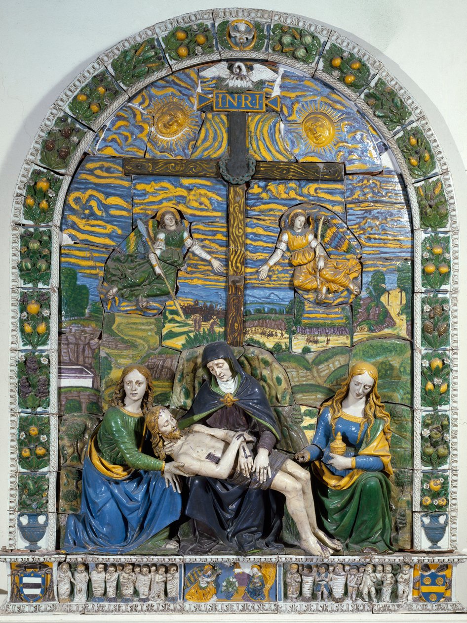 Avsetningen (Pieta) Jesus Kristus og Jomfru Maria omgitt av Johannes og Maria Magdalena før korset med inskripsjonen INRI (I.N.R.I.). Lavrelieff keramikk av Giovanni della Robbia (1469-1529) Dim. 3x2,28 m Firenze, Museo Nazionale av Giovanni della Robbia