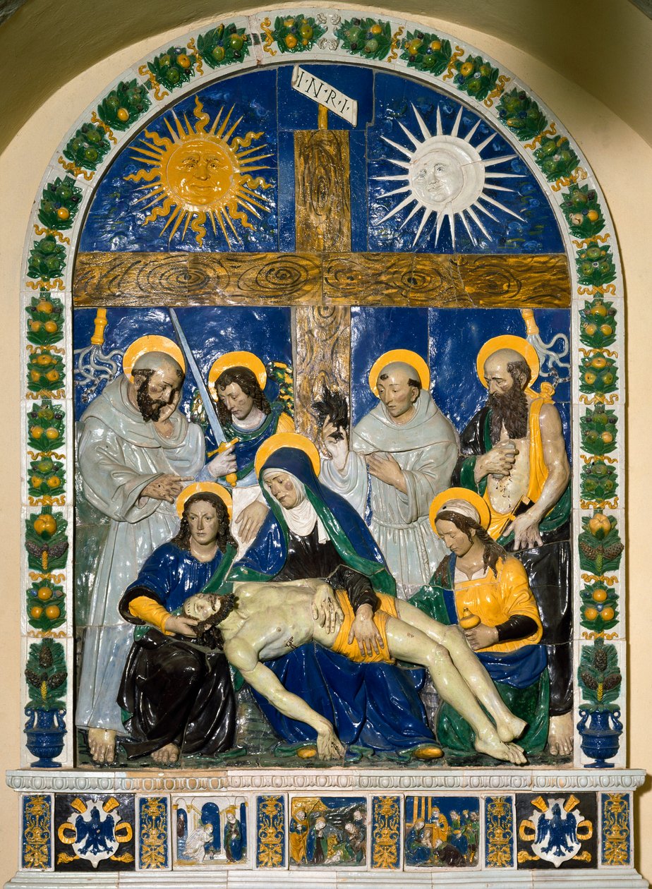 The Deposition (Pieta)» Jesus Kristus og Jomfru Maria omgitt av St. Johannes og St. Maria Magdalena før korset med inskripsjonen INRI (I.N.R.I.) Høyrelieff keramikk av Giovanni della Robbia (1469-1529) 1525 Dim. 287x210 cm Santuario della V av Giovanni della Robbia
