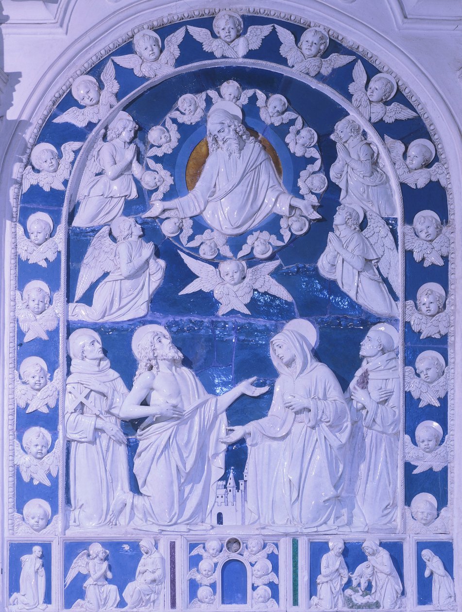 Madonnaen mellom de hellige Frans, Dominic og Bernard, av Giovanni della Robbia (1469-1529), San Francesco-kirken i Foiano della Chiana, Toscana av Giovanni della Robbia