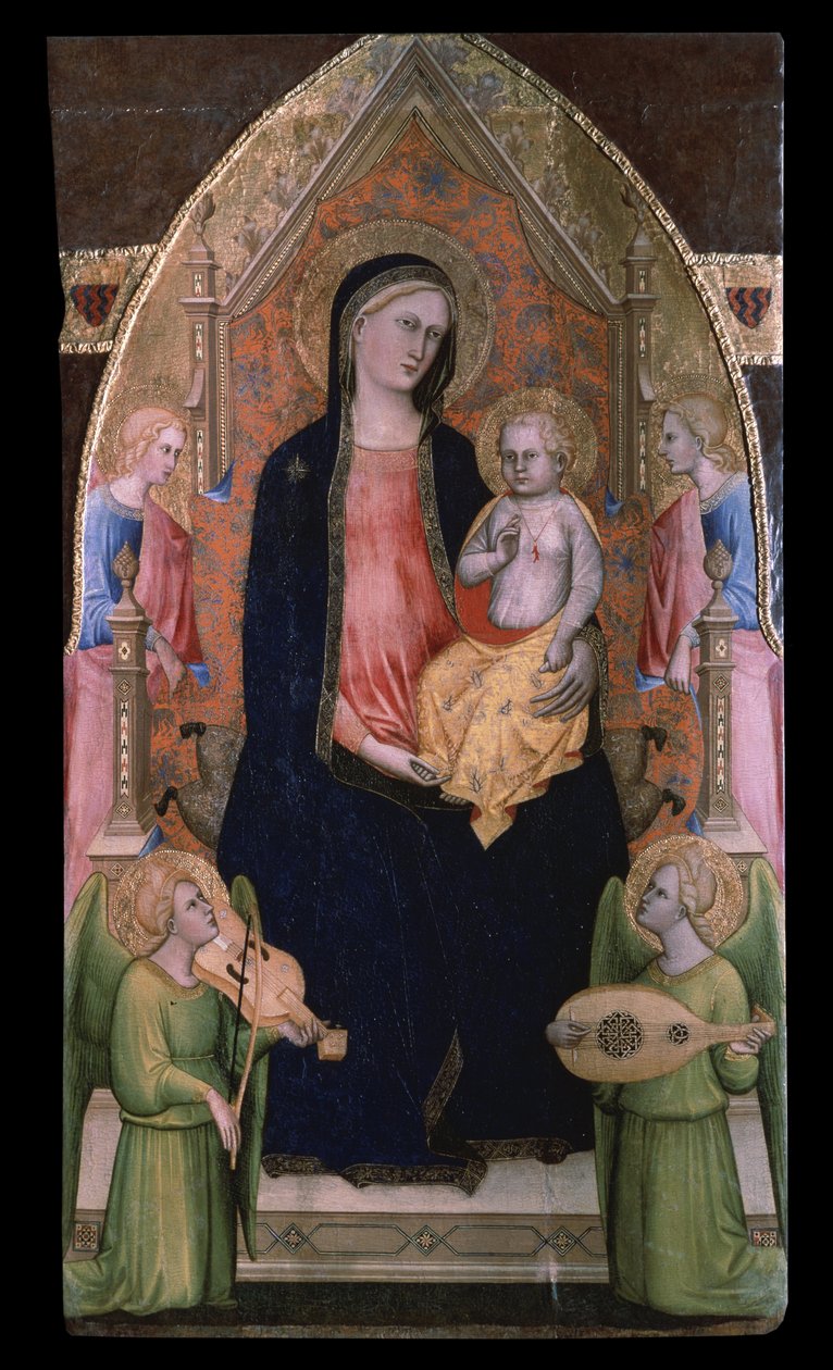 ""Madonna og barn på tronen"" (Jomfruen og barnet tronet med tilhørende engler) Maleri av Giovanni di Bartolomeo Cristiani (aktiv mellom 1367 og 1398) Pushkin-museet, Moskva av Giovanni di Bartolomeo Cristiani
