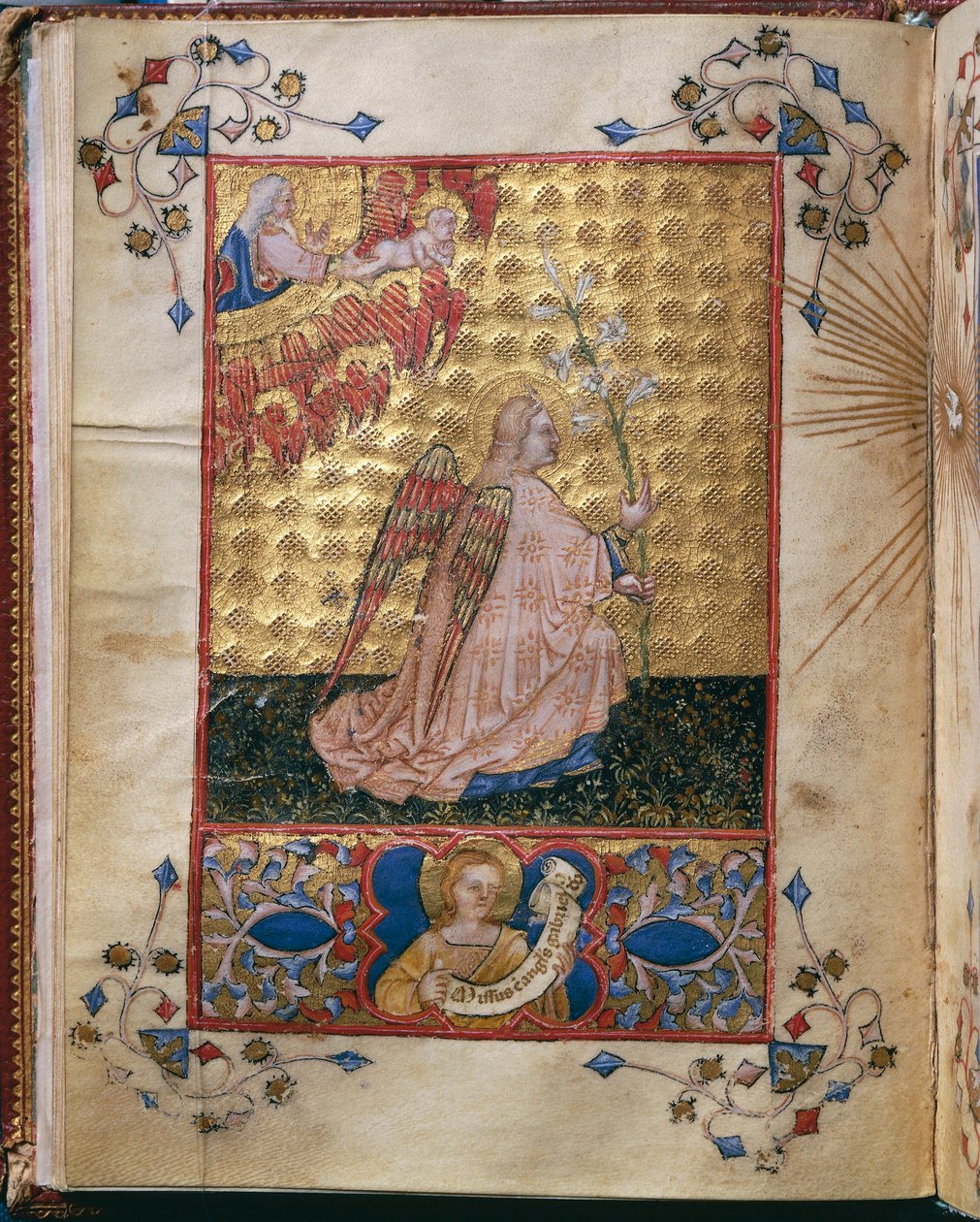 Italia, Annunciation: the Angel with a lily, miniatyr av Giovanni di Benedetto da Como, fra Officium Beatae Mariae Virginis av Alberto de Porcelis av Giovanni di Benedetto da Como