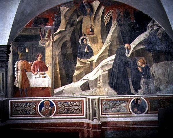 St. Benedikt mottar brød og en kappe fra eremitten Romano, detalj fra freskosyklusen av St. Benedikts liv fra Chiostro degli Aranci (appelsinens kloster) ca. 1430-tallet (fresko) av Giovanni di Consalvo (attr. to)