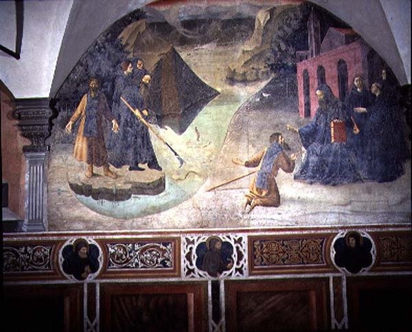 St. Benedict Henter tømmerhoggerøksen fra innsjøen, detalj fra freskosyklusen til St. Benedikts liv fra Chiostro degli Aranci (appelsinens kloster) ca. 1430-tallet (fresko) av Giovanni di Consalvo (attr. to)