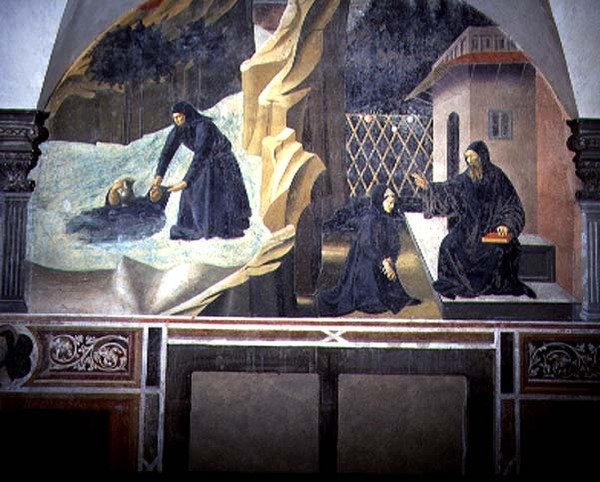 St. Benedict sender Mauro for å redde den druknende Placidus fra innsjøen, detalj fra freskosyklusen av St. Benedikts liv fra Chiostro degli Aranci (appelsinens kloster) ca. 1430-tallet (fresko) av Giovanni di Consalvo (attr. to)