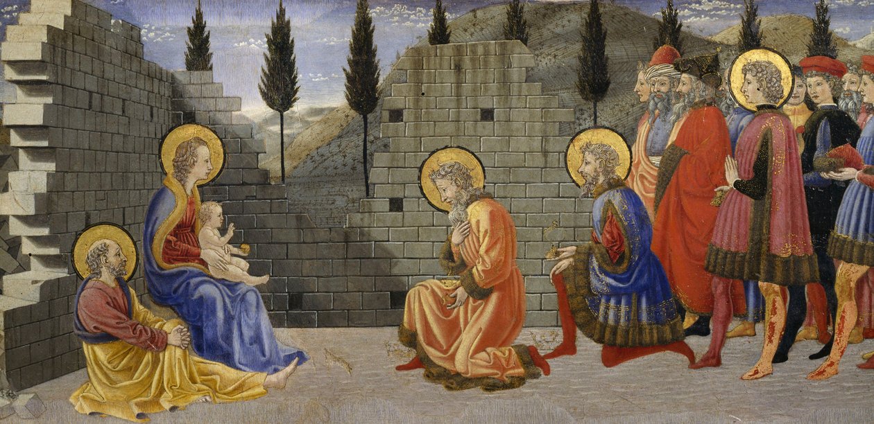 Tilbedelse av Magi, detalj av Nativity og tilbedelse av Magi, mellom 1457 og 1459, av Giovanni di Francesco (1412-1459), tempera på tre. av Giovanni di Francesco