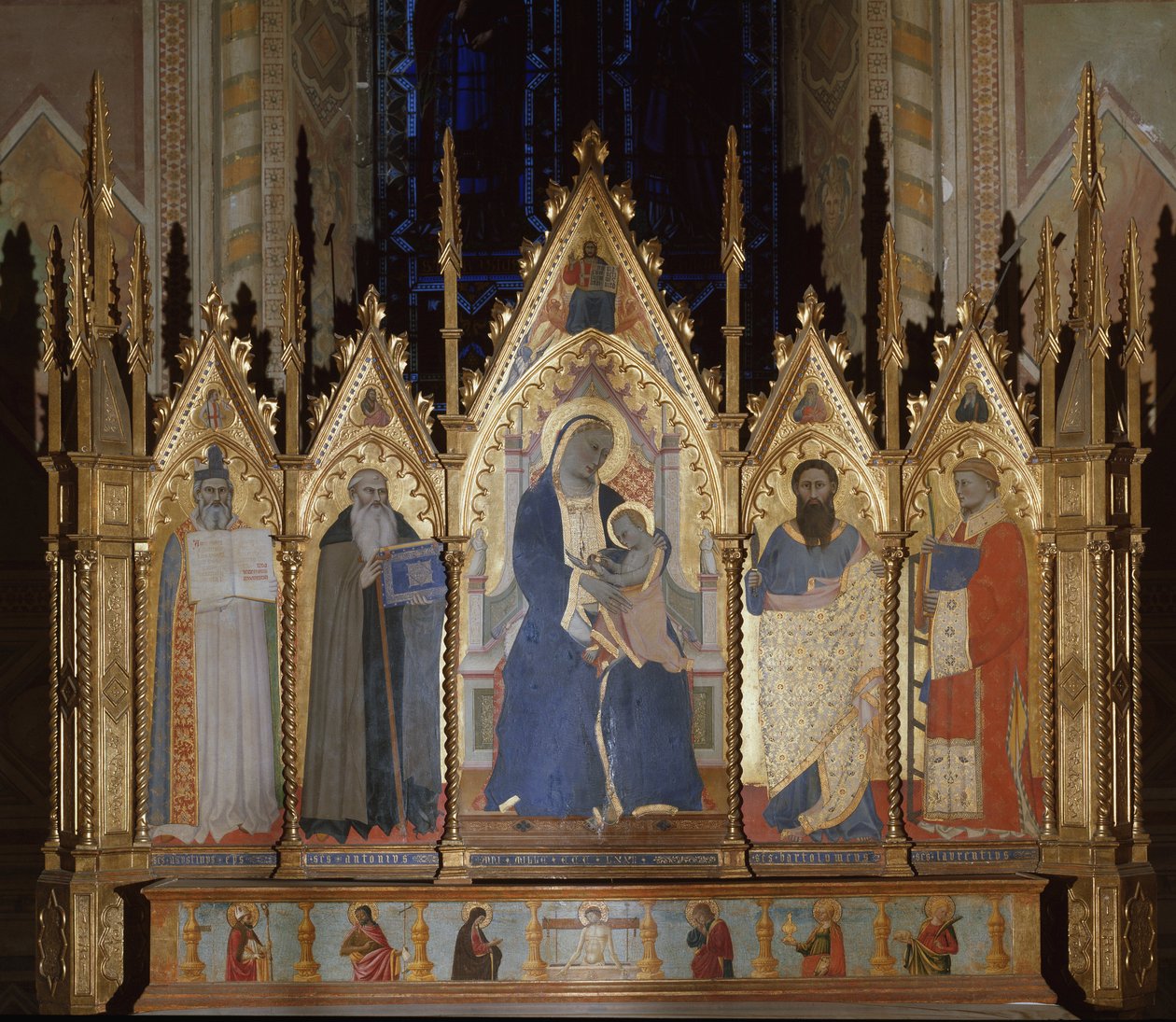 Jomfru med de hellige Augustine, St. Antonius den store, St. Bartolomeus og St. Lawrence - tempera på panel av Giovanni di Niccolo del Biondo