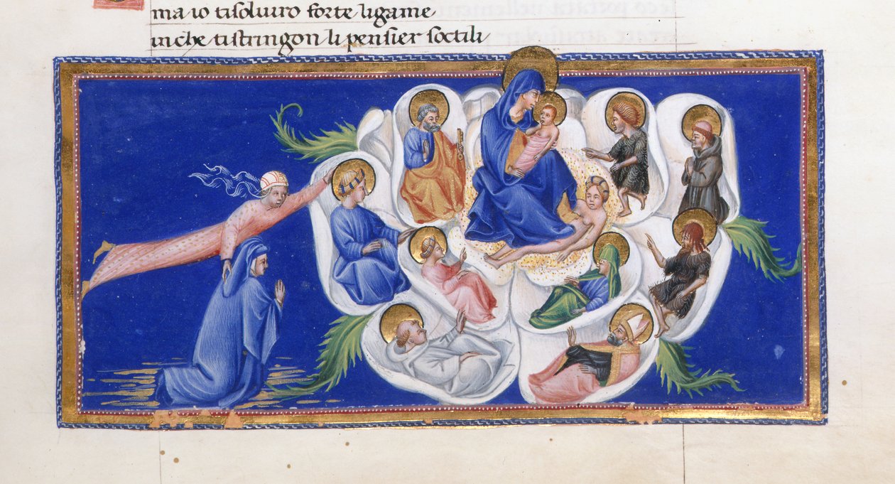 Dante og Beatrice før jomfruen og barnet, som sitter inne i den himmelske rosen, omgitt av forskjellige helgener, fra Paradiso i 'Divina Commedia', av Dante Alighieri, Yates Thompson 36, f.187 av Giovanni di Paolo