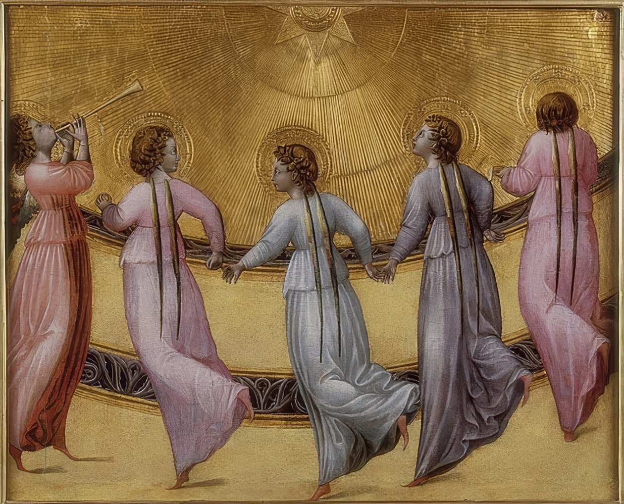 Fem dansende engler. Rundt 1436 av Giovanni di Paolo
