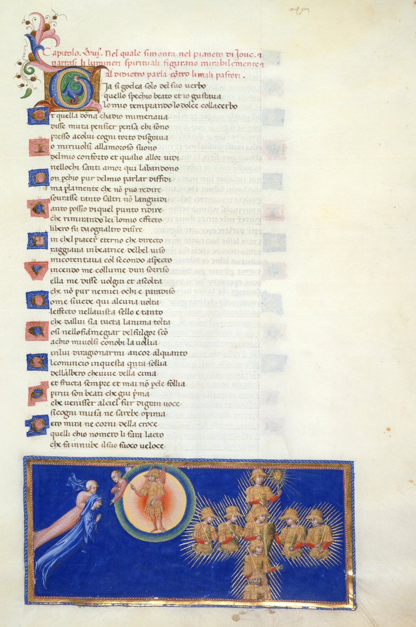 Paradiso, Canto XVIII. Miniatyr viser Dante og Beatrice som svever foran halvfiguren til Cacciaguida, som befinner seg i periferien av Mars-himmelen, som har den bevingede figuren til Mars i sentrum. Dante blir vist de åtte hellige krigerne som dukker opp  av Giovanni di Paolo