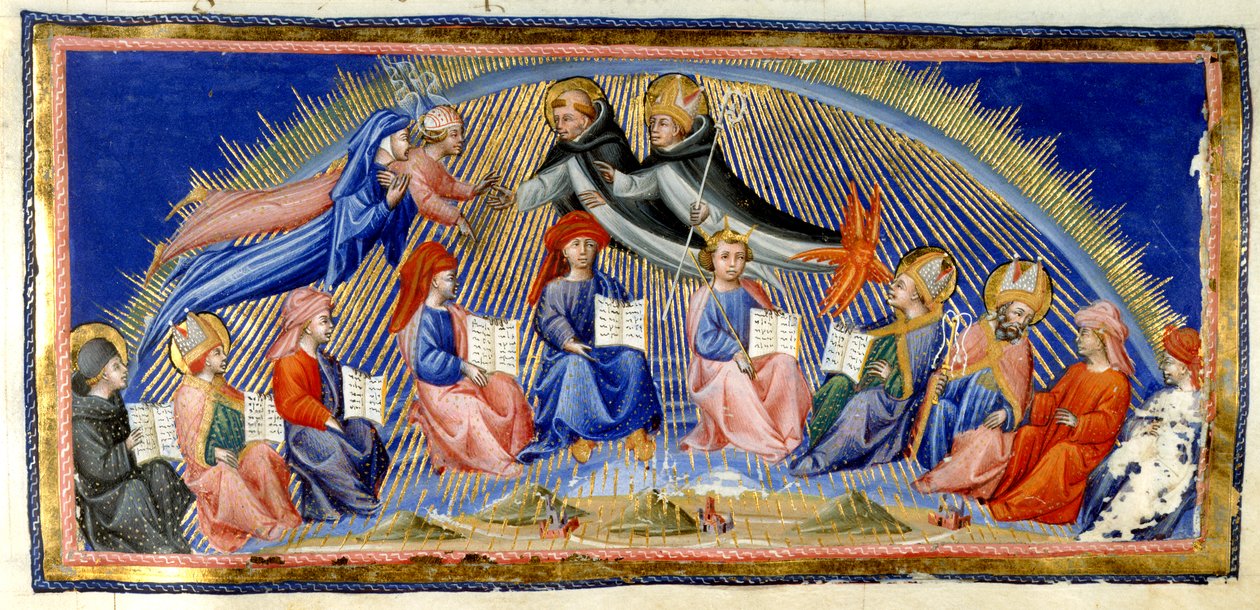 Paradiso, Canto X. Beatrice og Dante svever ved siden av solens himmel møter de som er utmerkede for sin visdom. De blir møtt av St. Thomas Aquinas med Albertus Magnus. Nedenfor sitter ti representanter for visdom; Bede, St. Ambrosius, Isidore av Sev av Giovanni di Paolo