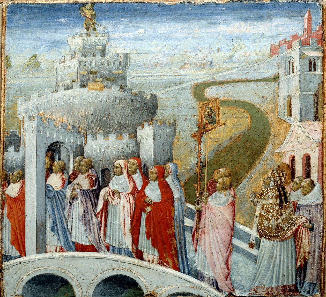 Prosesjon av pave Gregoire I sa den store eller dialogen (532-604) (til høyre) ved Chateau Saint Angelo (Castel Sant