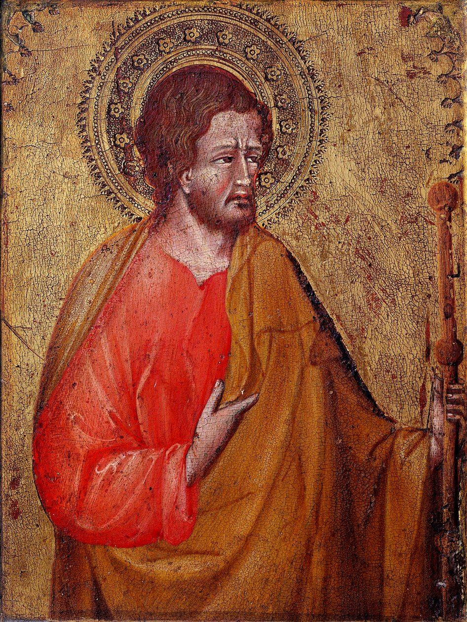 Representasjon av Saint James the Pelerin Dette er Saint James the Major eller Saint James, sønn av Sebedeus. Maleri av Giovanni di Paolo (1395 / 1400-1482) Assisi fra 1400-tallet, Museum of the Treasury of the Basilica of San Francesco og Perkins Collecti av Giovanni di Paolo