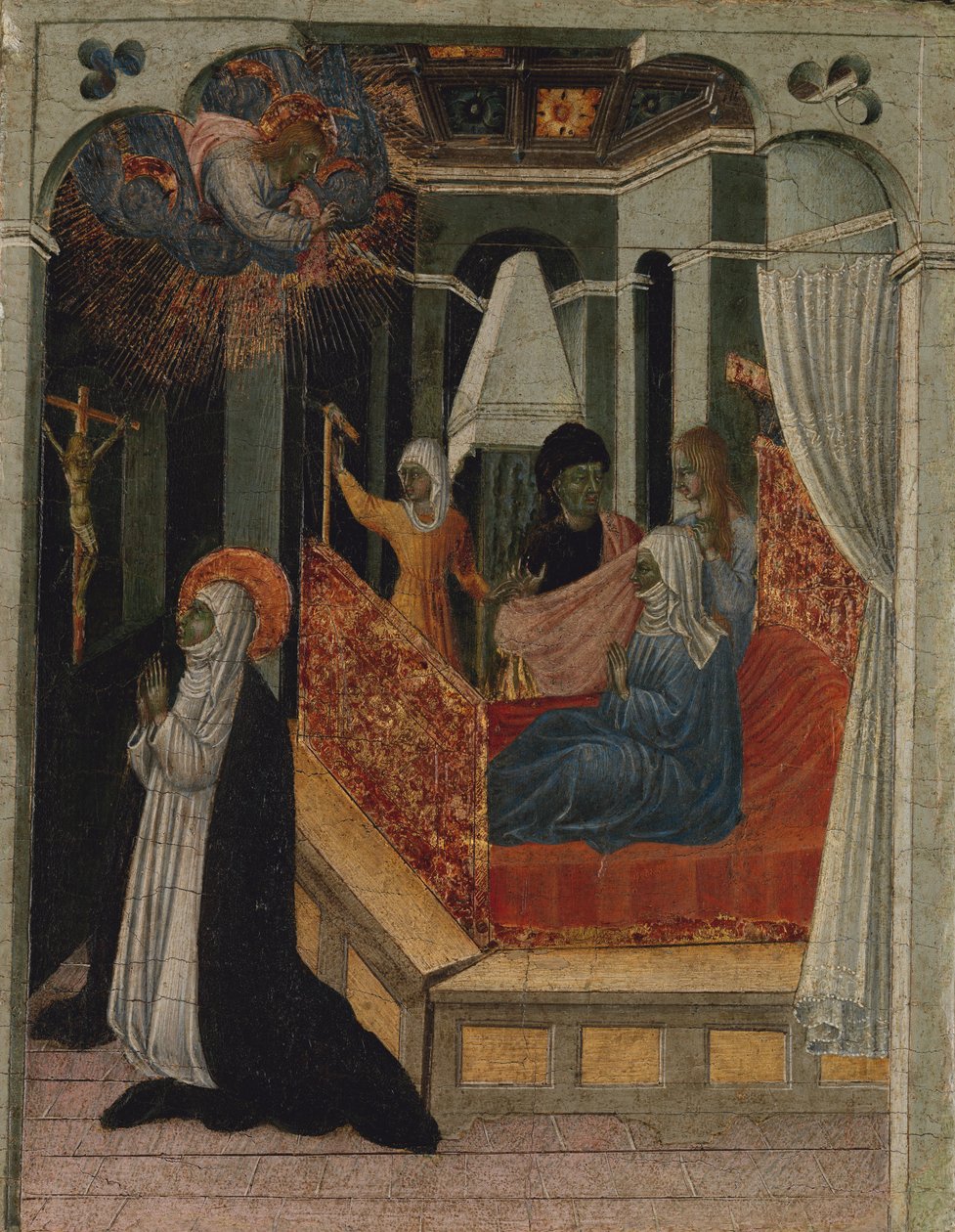 Den hellige Katarina av Siena ber Kristus om å gjenopplive sin mor, ca. 1447-65. av Giovanni di Paolo