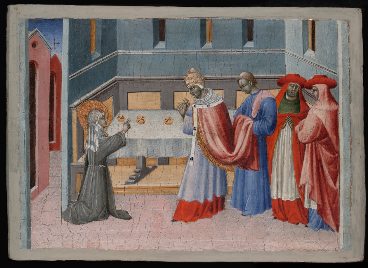 Saint Clare of Assisi velsigner brødet foran pave Innocent IV av Giovanni di Paolo