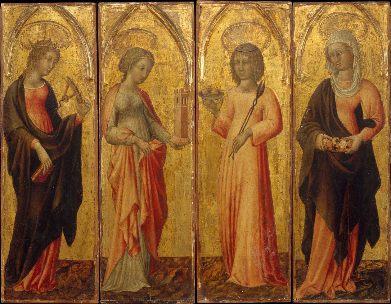 De hellige Katarina av Alexandria, Barbara, Agatha og Margaret, ca. 1470. av Giovanni di Paolo