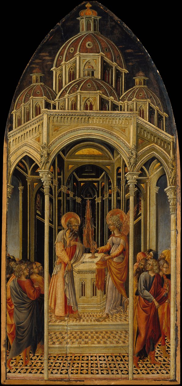 Bebudelsen til Sakarias, verso Bebudelsens engel, ca. 1455-60. av Giovanni di Paolo