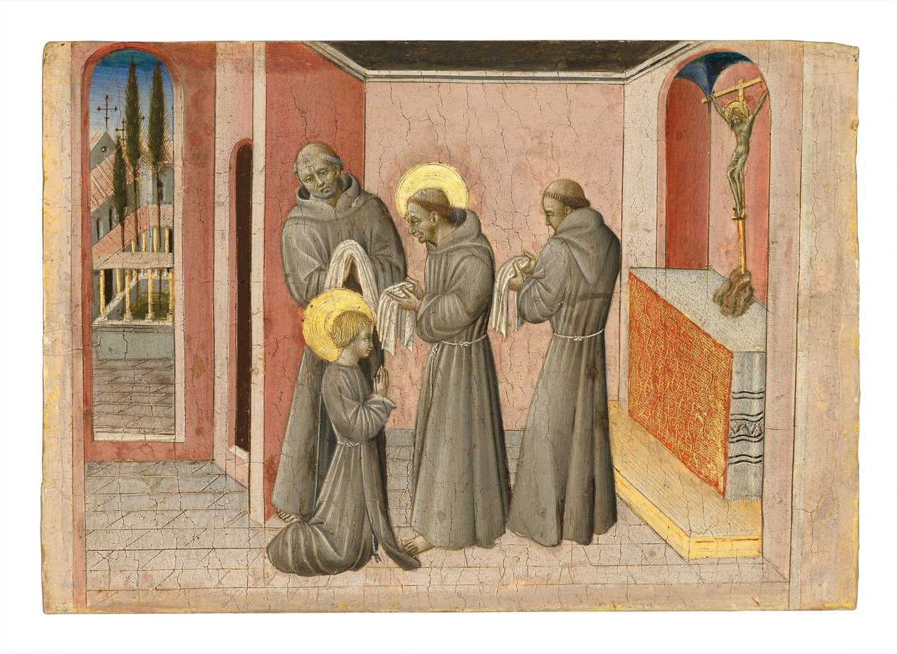 The Investiture of Saint Clare: Den hellige mottar klærne til hennes orden fra Saint Francis, ca. 1389-1482 (tempera og gull på panel) av Giovanni di Paolo