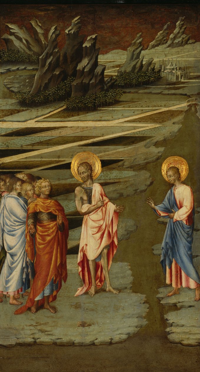 Se Guds lam (Ecce Agnus Dei) - Maleri av Giovanni di Paolo (cirka 1403-1482), tempera på tre (68,5x39,5 cm) av Giovanni di Paolo