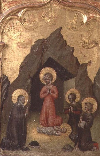 Tilbedelse av barnet av jomfruen, St. Josef og to helgener av Giovanni di Paolo di Grazia