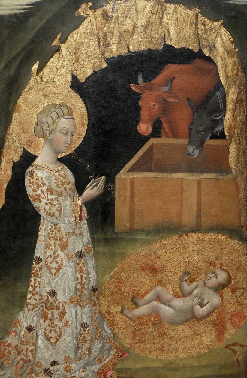 La Nativity, Saint Victtorino, Saint Ansano, sentral detalj (maleri på tre) av Giovanni di Paolo di Grazia