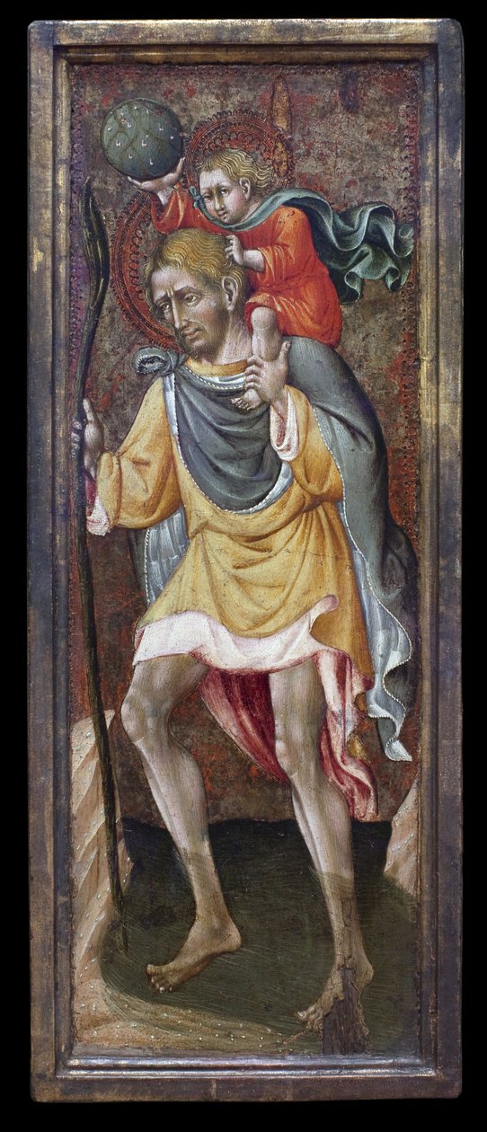 Den hellige Christopher bærer Jesus Kristus på sine skuldre. Maleri av Giovanni Di Paolo Di Grazia (Giovanni dal Poggio av Giovanni di Paolo di Grazia