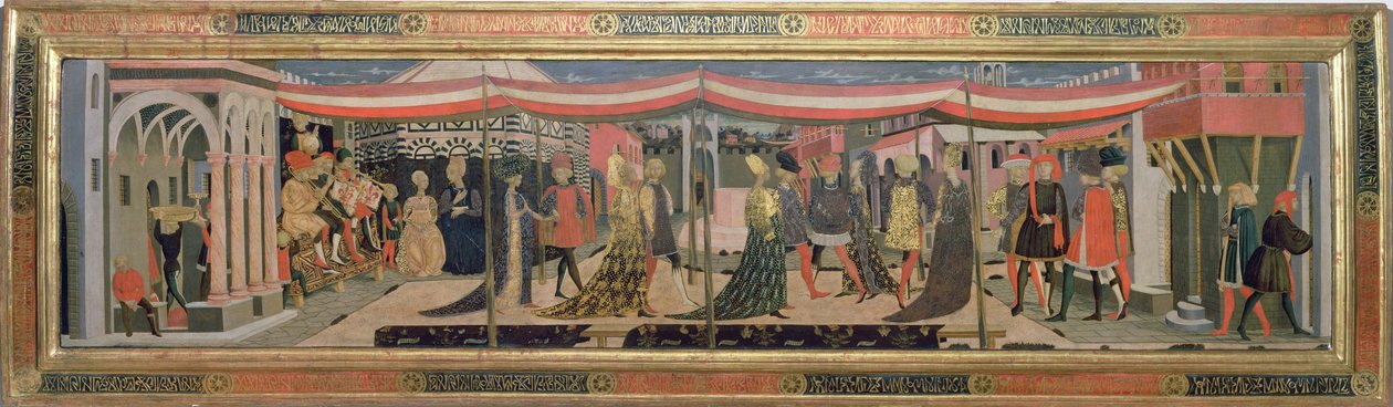 Frontal fra Adimari Cassone som viser en bryllupsscene foran dåpskapellet, ca. 1450 (tempera på panel) (se også 62295, 123484-6) av Giovanni di Ser Giovanni