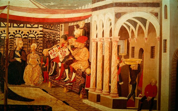 Frontal fra Adimari Cassone som viser en bryllupsscene foran dåpskapellet, ca. 1450 av Giovanni di Ser Giovanni Scheggia