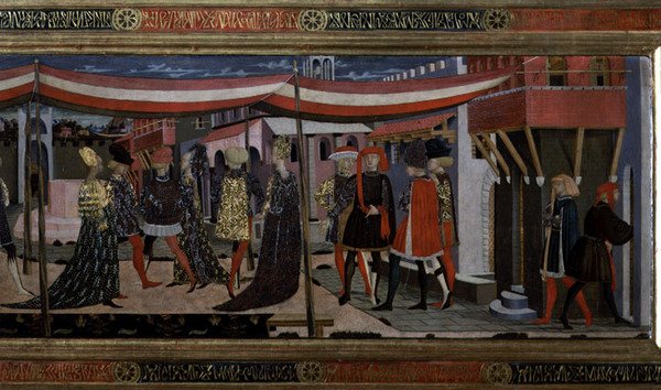 Frontal fra Adimari Cassone, detalj av høyre seksjon, ca. 1450 (tempera på panel) (detalj av 80304) av Giovanni di Ser Giovanni Scheggia