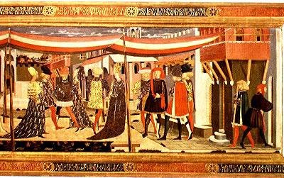Frontal fra Adimari Cassone, detalj av høyre seksjon, ca. 1450 (tempera på panel) (detalj av 80304) (se også 123486) av Giovanni di Ser Giovanni Scheggia