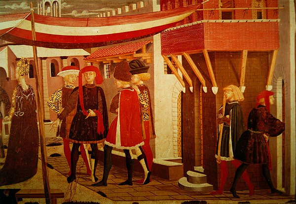 Frontal fra Adimari Cassone, detalj av høyre panel, ca. 1450 (tempera på panel) (detalj av 166335, se også 80304) av Giovanni di Ser Giovanni Scheggia