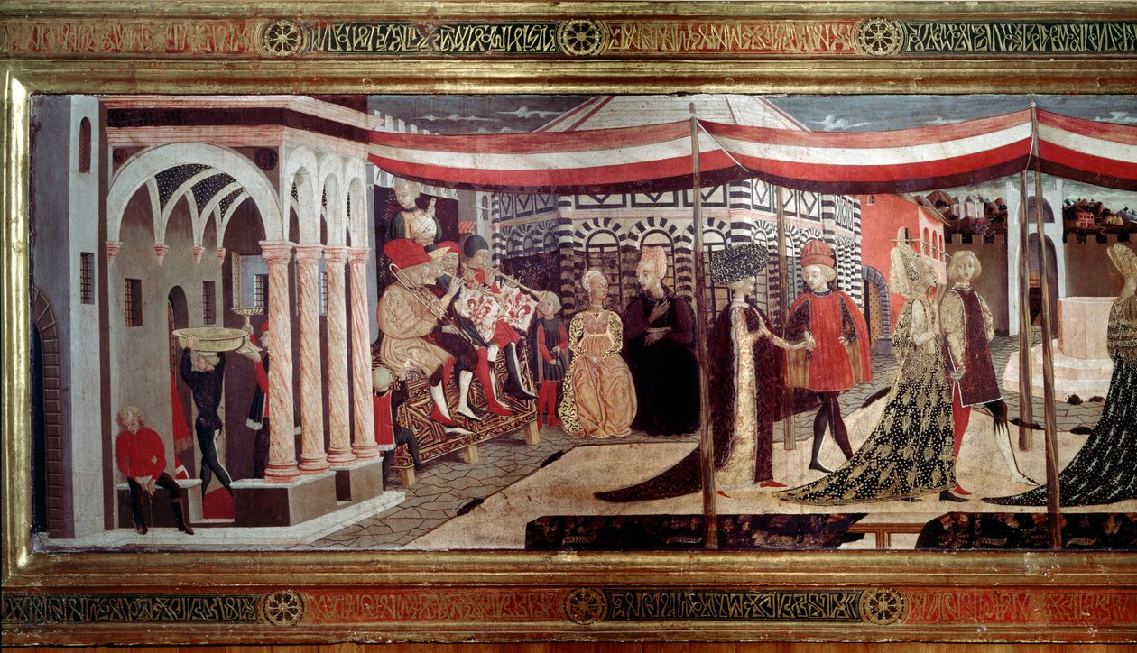 Renessanse bryllupsseremoni Detalj av venstre del av panelet som dekorerer Cassone Adimari. Bryllupsscene på Piazza del Duomo (Plaza de la Cathedrale Santa Maria del Fiore). Musikere sitter på en scene og spiller trompet, trombone og perkusjonsinstrument av Giovanni di Ser Giovanni Scheggia
