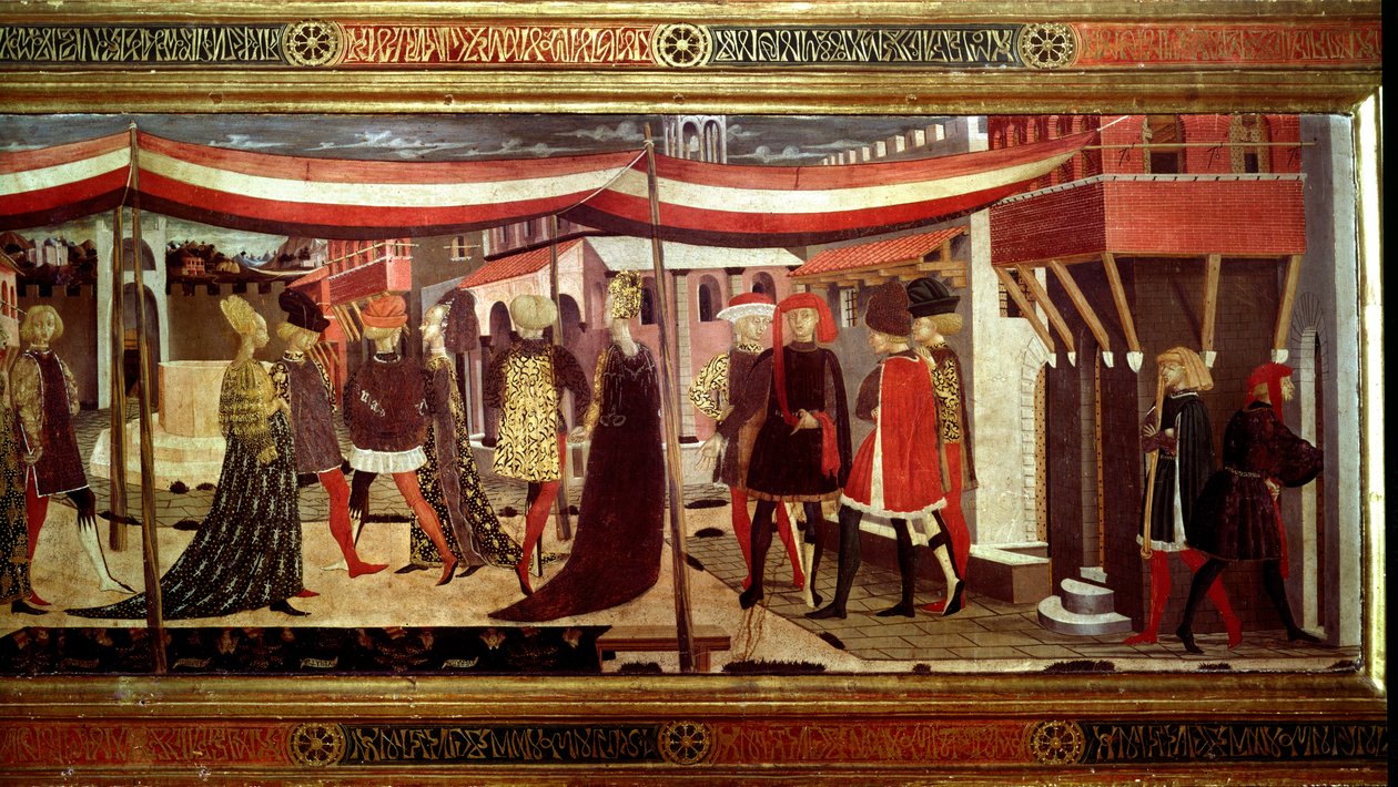 Renessanse bryllupsseremoni Detalj av venstre del av panelet som dekorerer Cassone Adimari. Bryllupsscene på Piazza del Duomo (Plaza de la Cathedrale Santa Maria del Fiore). Par i kortegen avanserer under en baldakin. Maleri av Giovanni di Ser G av Giovanni di Ser Giovanni Scheggia