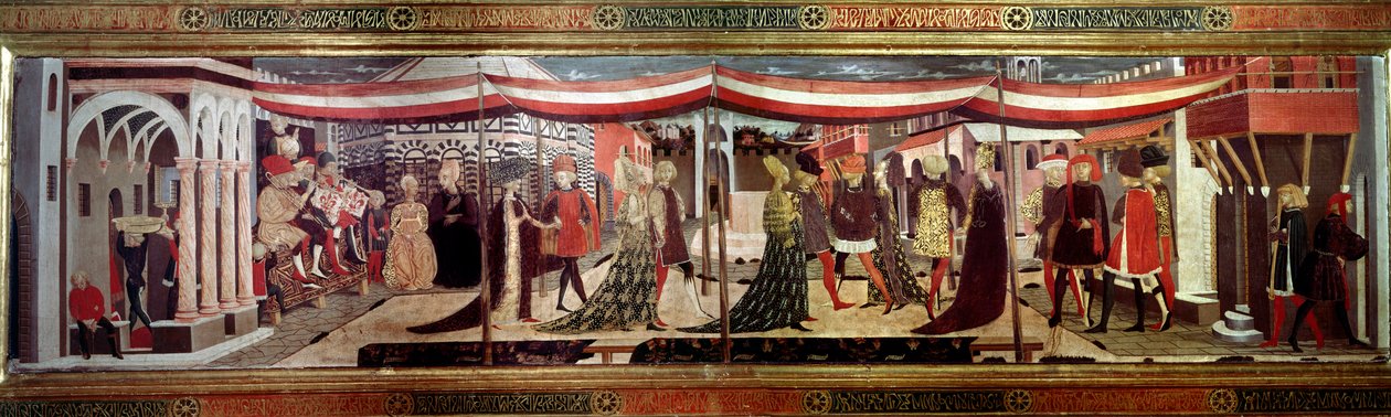 Bryllupsseremonien har renessansepanelet som dekorerer Cassone Adimari. Bryllupsscene på katedralplassen (Plaza de la Cathedrale Santa Maria del Fiore). Par i kortegen avanserer under en baldakin. Maleri av Giovanni av Ser Giovanni Scheggia (1406- av Giovanni di Ser Giovanni Scheggia