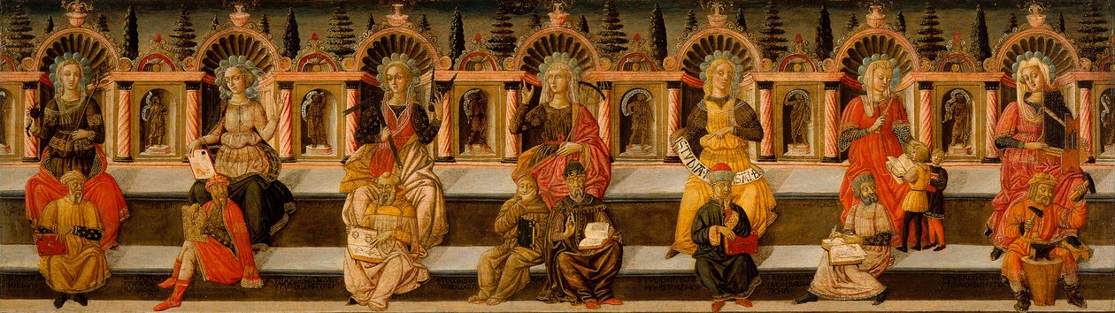 ""de syv liberale kunster"" (aritmetikk, geometri, musikk, astrologi, logikk, retorikk og grammatikk) - De syv liberale kunstene - Maleri av Giovanni di Ser Giovanni av Giovanni di Ser Giovanni Scheggia