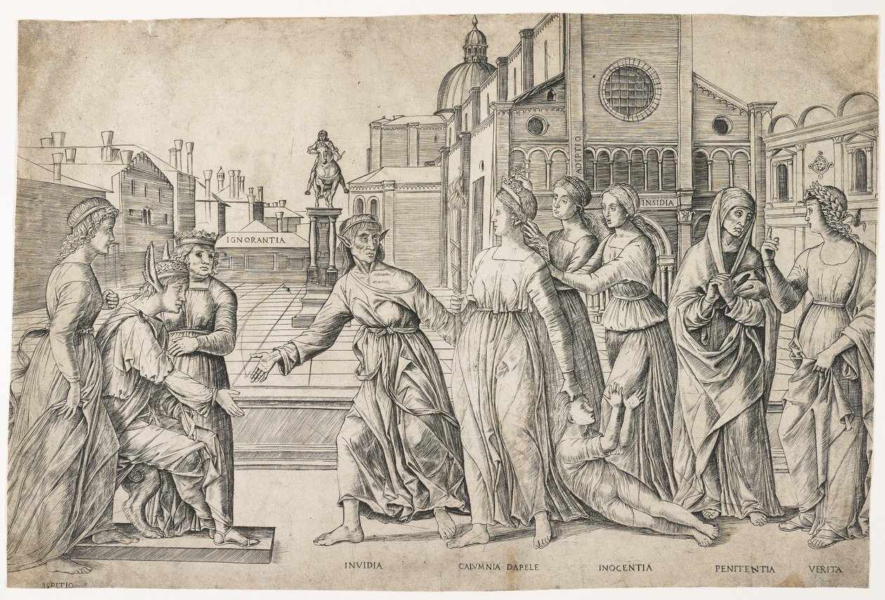 Calumny of Apelles, ca. 1500-1506 av Girolamo Mocetto