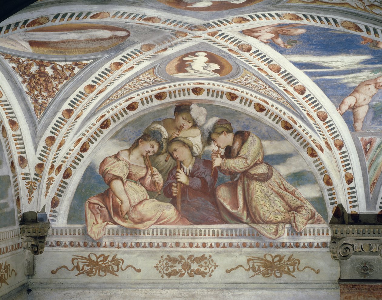 Bezel som viser en konsertkvartett av blokkfløytespillere, 1532 av Girolamo Romanino