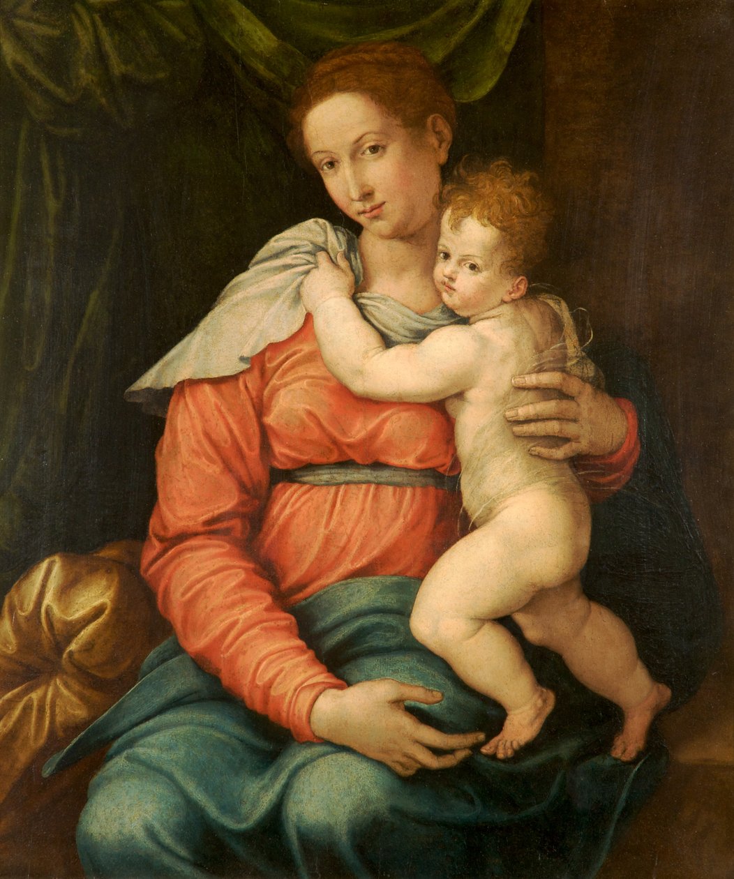 Jomfru og barn foran et grønt gardin av Girolamo Siciolante da Sermoneta