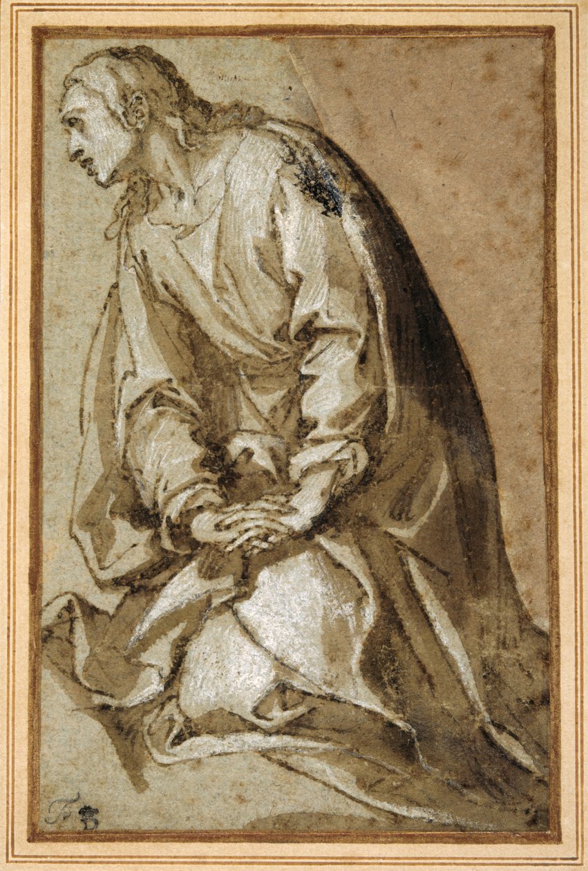 En ung helgen som kneler i bønn (penn og brunt blekk med brun vask og forhøyning) av Girolamo (circle of) Muziano
