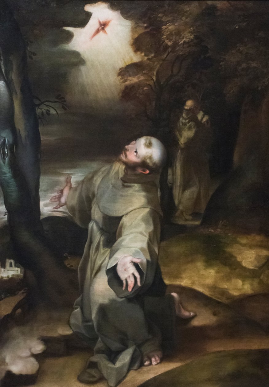 St Francis mottar stigmata (olje på trepanel) av Girolamo (follower of) Muziano