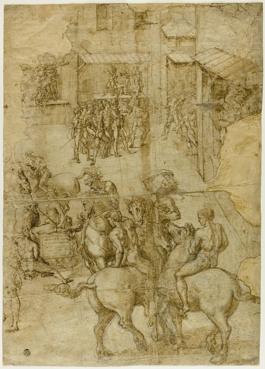 Mytologisk konkurranse (recto); Uleselige inskripsjoner og anatomiske studier av hodet (verso) av Girolamo Genga