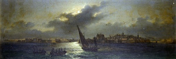 Utsikt fra Malta - utenfor havnen (olje om bord) av Girolamo Gianni