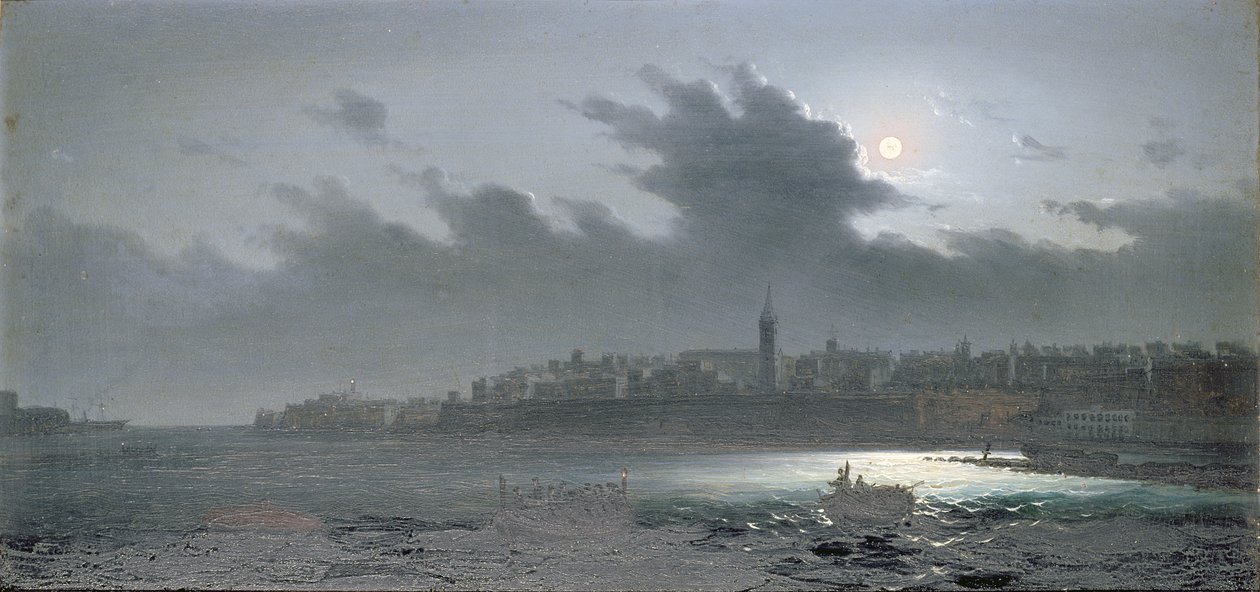 Utsikt over Malta utenfor havnen om natten, 1876 av Girolamo Gianni